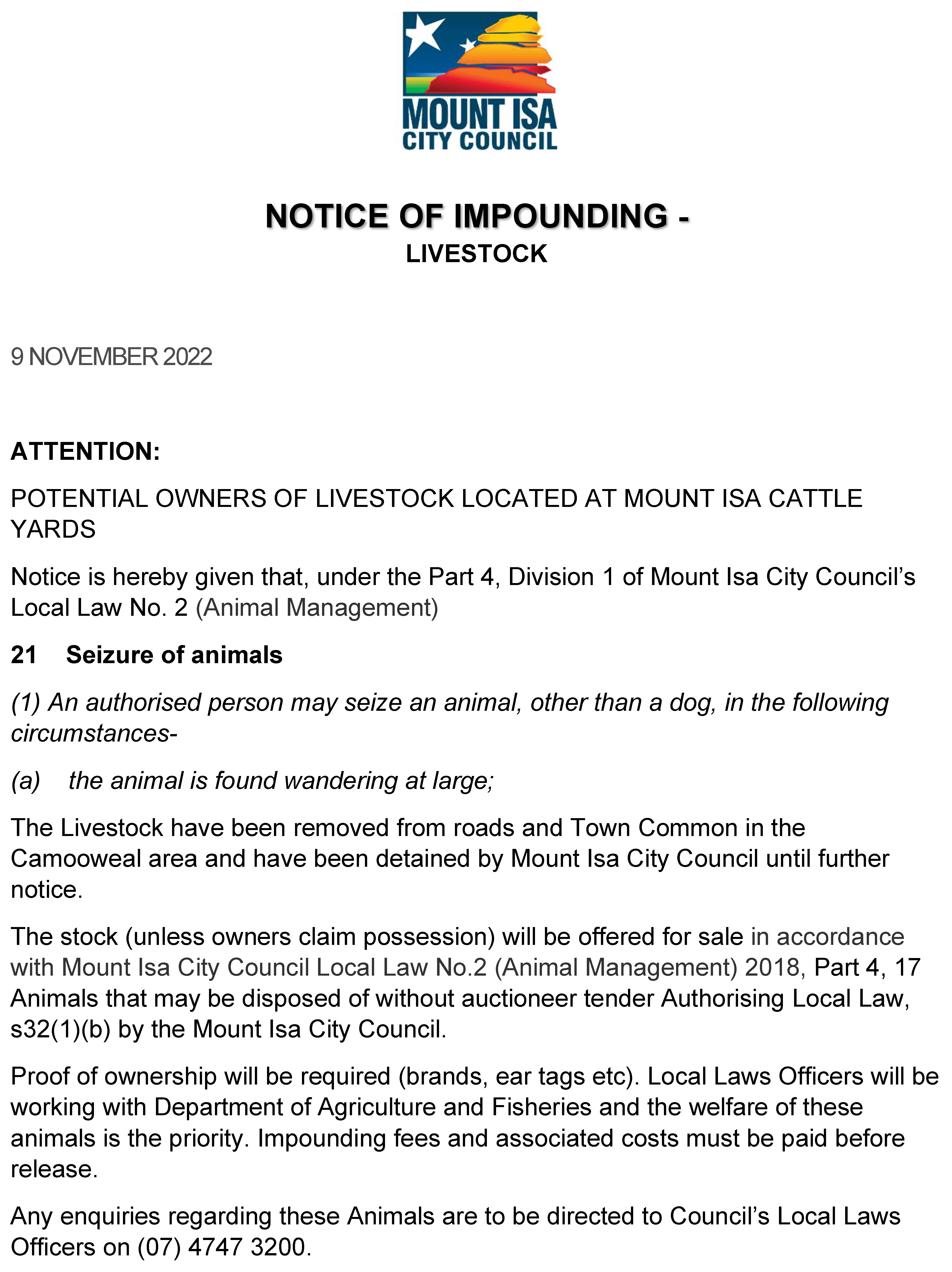 Notice of Impounding